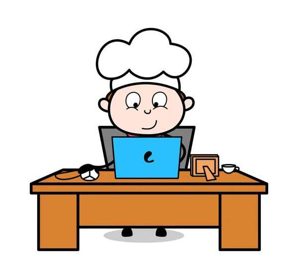 Trabalhando em um laptop - Cartoon Garçom Masculino Chef Vector Illustrati — Vetor de Stock