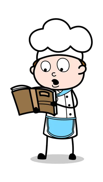 Lectura de un libro de recetas - Caricatura camarero Chef masculino Vector Illustra — Vector de stock