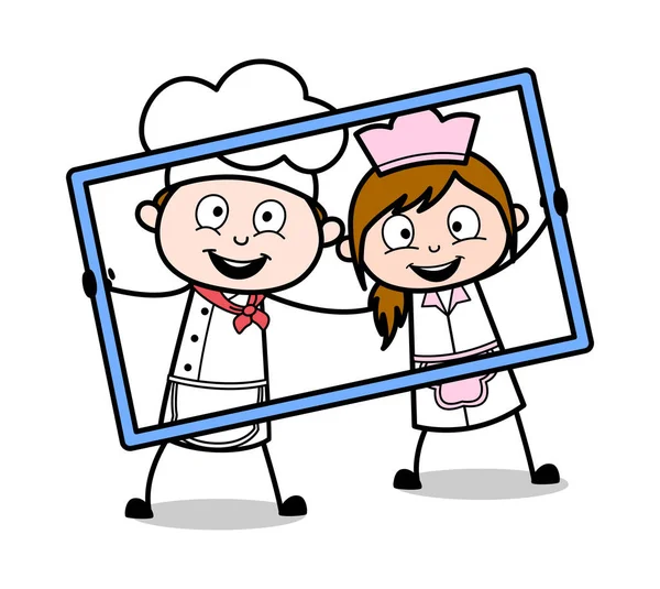 Tenere una cornice per l'immagine - Cartoon Waiter Maschio Chef Vector Il — Vettoriale Stock