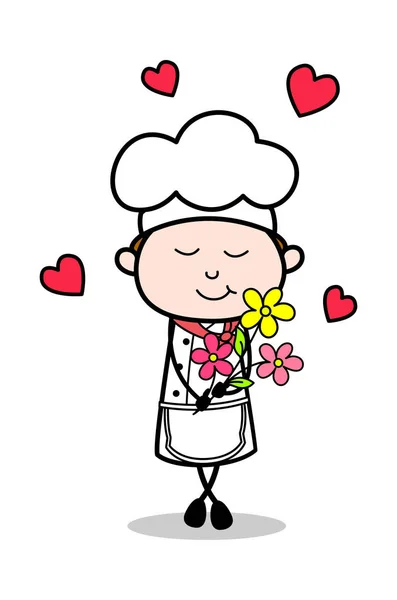 Presenting a Bunch of Flowers - Cartoon Waiter Male Chef Vector — Stock Vector