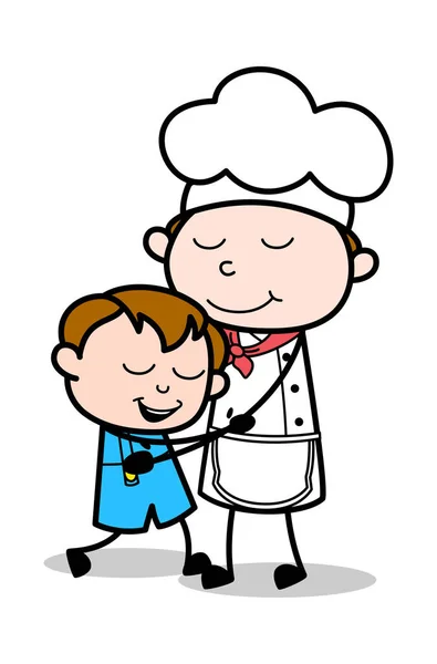 Un padre che dà un abbraccio a suo figlio - Cartoon Waiter Maschio Chef Vect — Vettoriale Stock