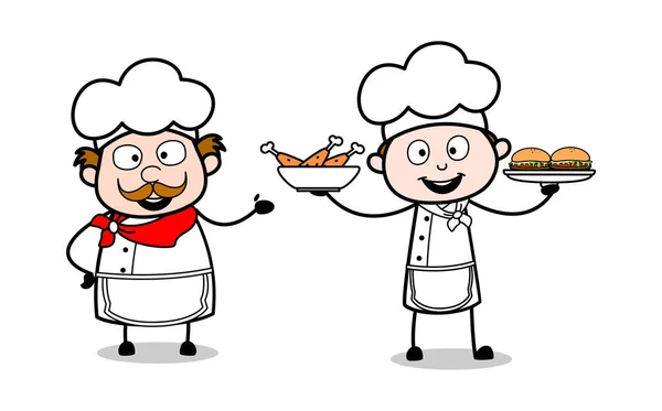 Présentation de la variété des plats - Serveur de bande dessinée Homme Chef vecteur I — Image vectorielle