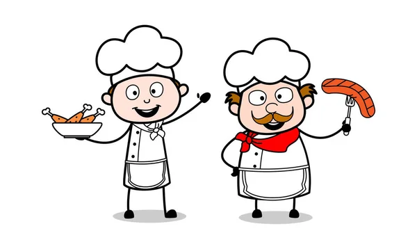 非野菜食品を提示 - 漫画ウェイター男性シェフベクトルイルスト — ストックベクタ