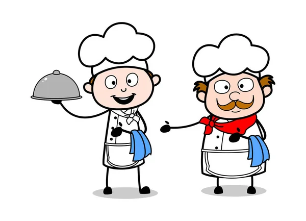 Presenteren van een nieuw gerecht-cartoon ober mannelijke chef vector Illustra — Stockvector