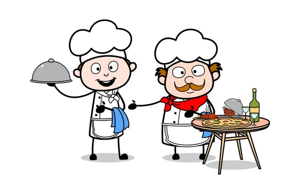 Cuisinier présentant des plats - Serveur de bande dessinée Homme chef vecteur Illustr — Image vectorielle