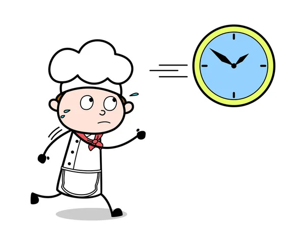 Běh za hodinami-kreslený číšník mužský šéfkuchař Vector Illus — Stockový vektor