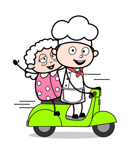Scooter guida con la nonna - Cameriere dei cartoni animati Maschio Chef Vector I — Vettoriale Stock