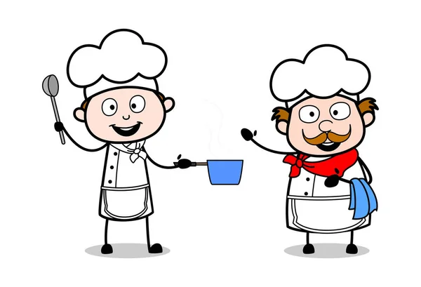 Dois Chef Preparando Alimentos - Cartoon Garçom Masculino Chef Vector Illust — Vetor de Stock