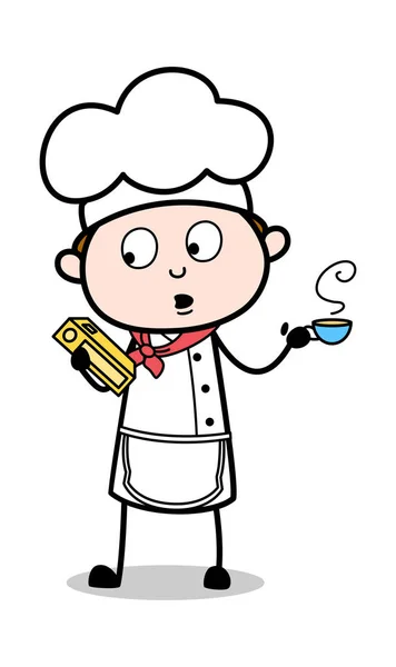 Chef Segurando um Livro e Café - Cartoon Garçom Masculino Chef Vector —  Vetores de Stock