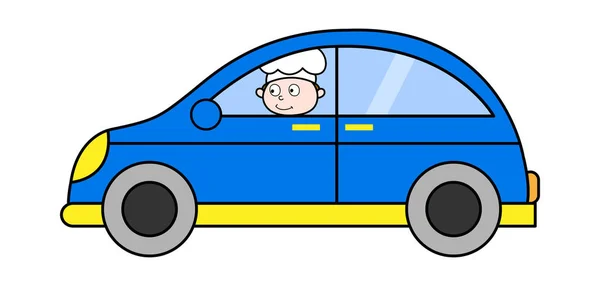 Chef Driving a Car - Cartoon Waiter Male Chef Vector Illustratio - Stok Vektor