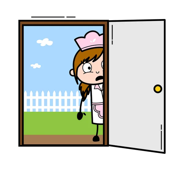 Angst nach der Beobachtung im Haus - Retro-Cartoon Kellnerin fem — Stockvektor