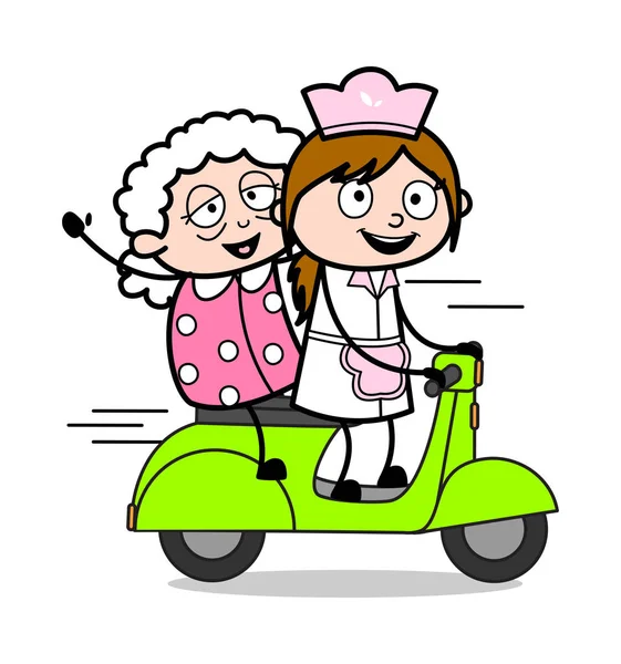 Cavalcare uno scooter con una vecchia signora - Retro Cartoon Cameriera Femmina — Vettoriale Stock