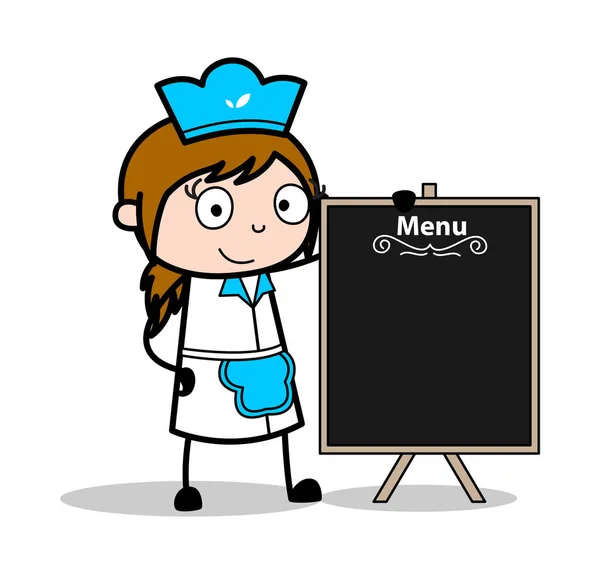Showing a Blank Board - Retro Cartoon Waitress Female Chef Vecto — Stock Vector