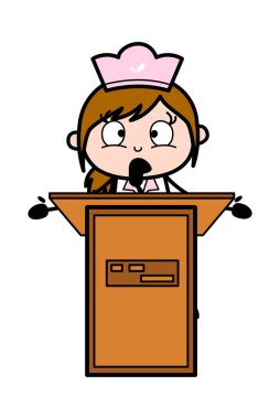 Seminerde Konuşma Yapmak - Retro Karikatür Garson Bayan Şef Ve