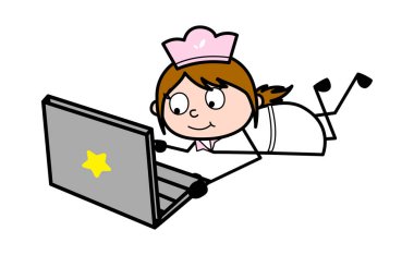 Laptop Online Videolar İzleme - Retro Karikatür Garson Kadın