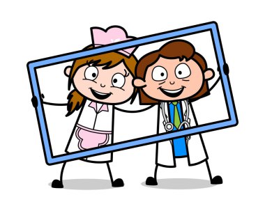 Birlikte Fotoğraf Çekmek İçin Bir Çerçeve Tutma - Retro Cartoon Wait