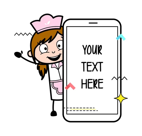 Showing a Smartphone Banner - Retro Cartoon Waitress Female Chef — Stock Vector