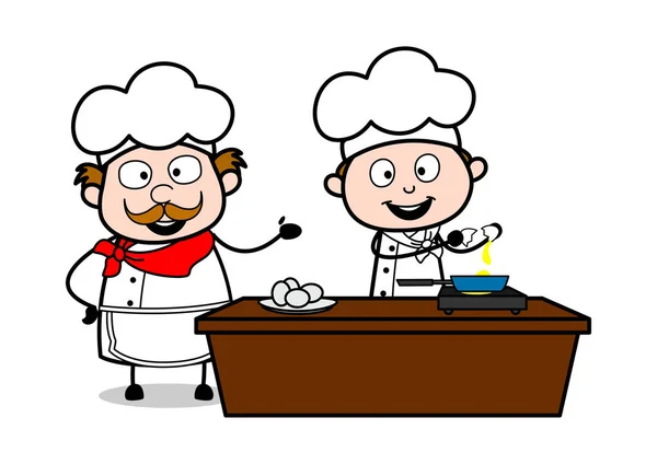 Preparazione Omlette - Cartoon Waiter Maschio Chef Vector Illustrazione — Vettoriale Stock