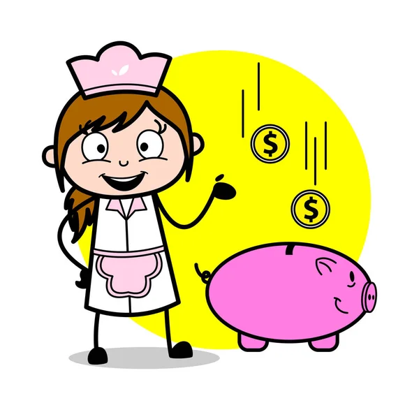 呈现小猪银行 - 复古卡通女服务员女厨师Vecto — 图库矢量图片