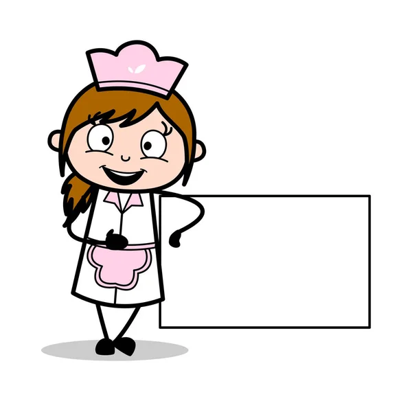 Δείχνοντας ένα κενό πανό-ρετρό καρτούν σερβιτόρα γυναίκα σεφ Vect — Διανυσματικό Αρχείο