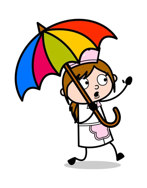 Holding an Umbrella - Retro Cartoon Waitress Female Chef Vector — Stock Vector