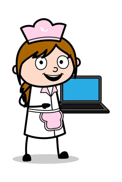 Présentation d'un ordinateur portable - Serveuse de bande dessinée rétro Female Chef Vector — Image vectorielle