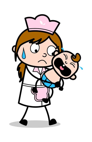 保姆抱着一个哭泣的婴儿 - 复古卡通女招待女 — 图库矢量图片