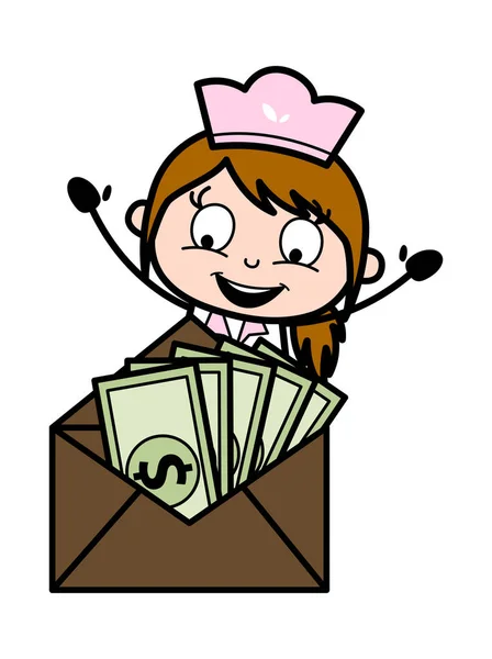 Feliz de conseguir un montón de dinero - Retro Cartoon Camarera Chef Femenino — Vector de stock