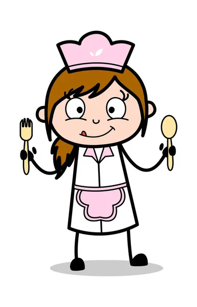 Tonen lepels-retro cartoon serveerster vrouwelijke chef vector Illus — Stockvector