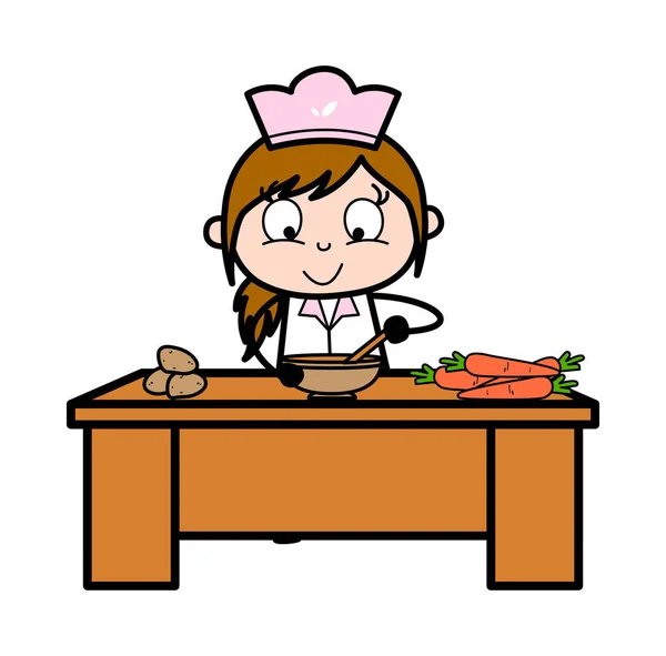 Preparing Food - Retro Cartoon Waitress Female Chef Vector Illus — Stock Vector