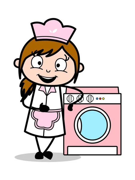 Präsentation einer Waschmaschine - Retro-Cartoon Kellnerin weiblich che — Stockvektor