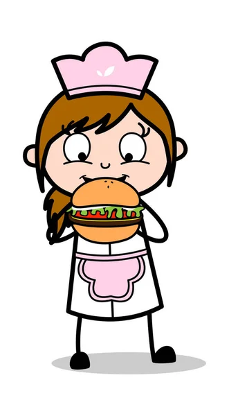 Comer hamburguesa - Camarera de dibujos animados retro Chef femenino Vector Illust — Vector de stock