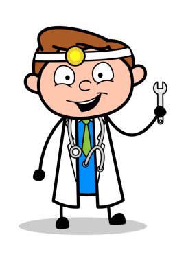 Wrench Aracı Gösteren - Profesyonel Karikatür Doktor Vektör Illustr