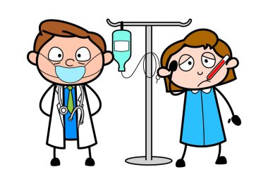 Hasta ve Iv Şişe ile Doktor - Profesyonel Karikatür Doktor 