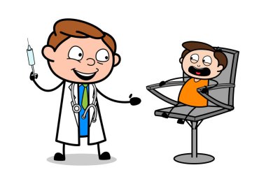 Enjeksiyondan Çocuk Korkutuyor - Profesyonel Karikatür Doktor Vektör 