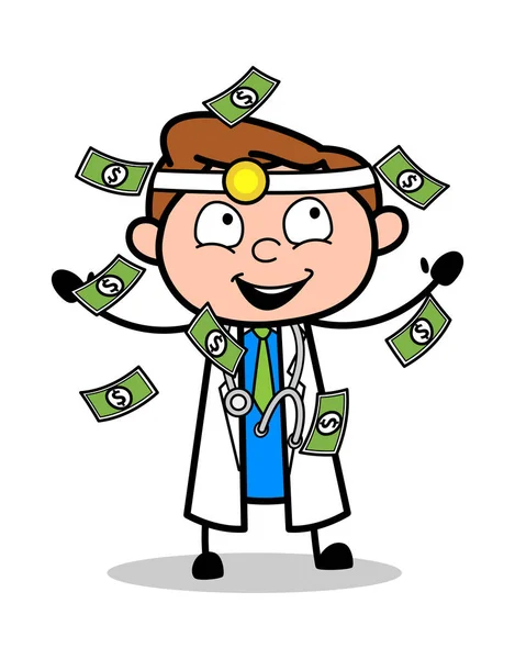 Trying to Catch Floating Money - Professional Cartoon Doctor Vec — Stock Vector