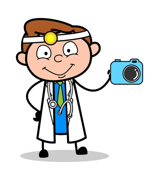 Presenting a Camera - Professional Cartoon Doctor Vector Illustr - Stok Vektor
