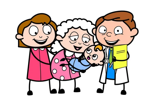 Grandma Feeling Happy with Baby - Professional Cartoon Doctor Ve — Stock Vector