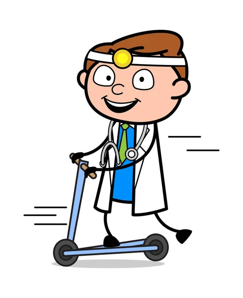 Bermain dengan Scooter - Profesional Cartoon Doctor Vector Illust - Stok Vektor