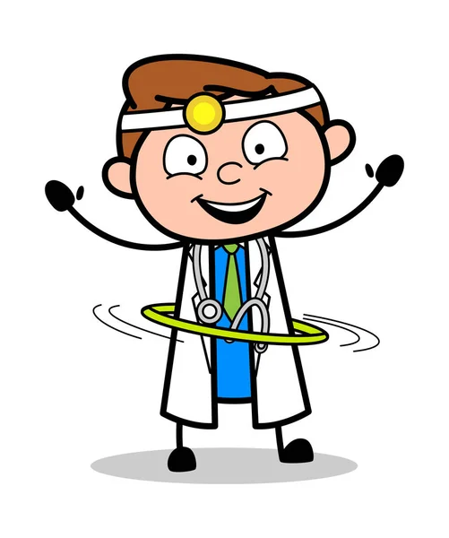 Bermain dengan Hula Hoop - Profesional Cartoon Doctor Vector Illu - Stok Vektor
