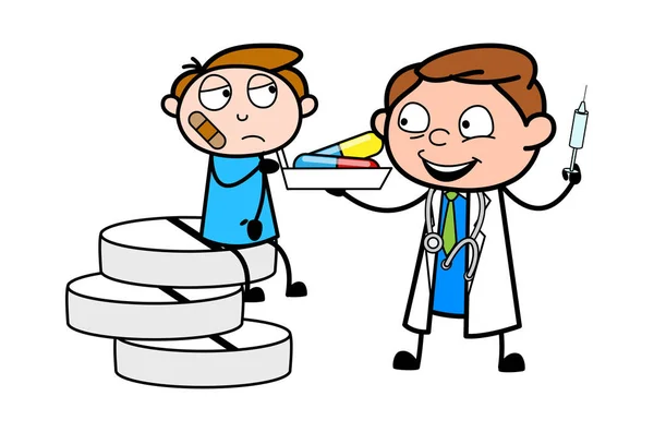 患者に薬を与える医師 - プロの漫画のドキュメント — ストックベクタ