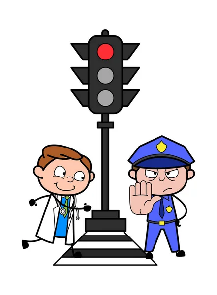 Doctor corriendo con prisa y policía mostrando la mano para parar - Pro — Vector de stock