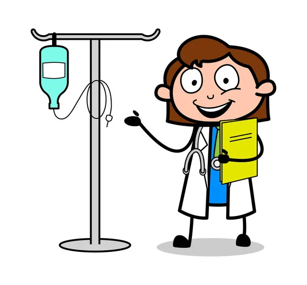 Ärztin zeigt iv Flasche - professionelle Karikatur Arzt ve — Stockvektor