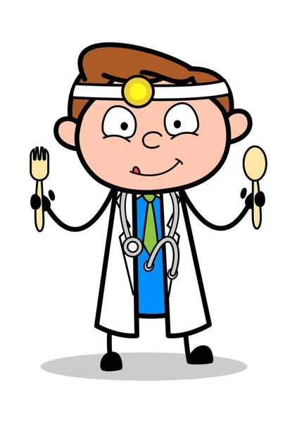 Showing Spoons - Professional Cartoon Doctor Vector Illustration - Stok Vektor