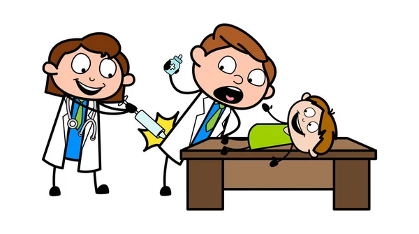 Inyectar en el cuerpo del médico para hacer reír al niño - Dibujos animados profesionales — Archivo Imágenes Vectoriales