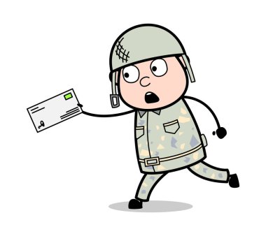 Zarf ile Çalışan - Sevimli Ordu Adam Karikatür Asker Vektör Ill