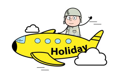 Uçakta Seyahat - Sevimli Ordu Adam Karikatür Asker Vektör Illus