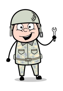 Anahtar Aracı Kullanımı - Sevimli Ordu Adam Karikatür Asker Vektör Illu