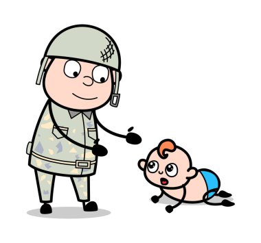 Küçük Bebek ile oynamak - Sevimli Ordu Adam Karikatür Asker Vektör I