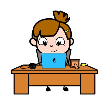 Laptop Ofis İş ilerki - Sevimli Kız Karikatür Karakter Vektör